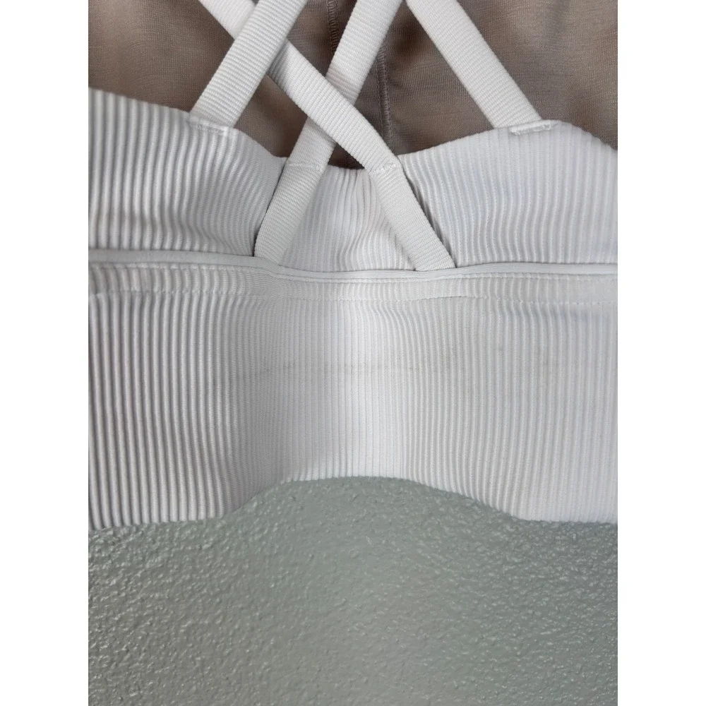 Lululemon Energy Bra Longline Ribbed Pink White Strappy Back Size 10 Medium